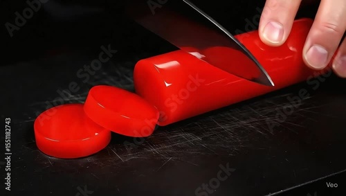 4K macro video of a glossy red cylinder being sliced cleanly. Ideal for satisfying visuals and ASMR projects. Smooth texture and vibrant detail for relaxation or edits.
