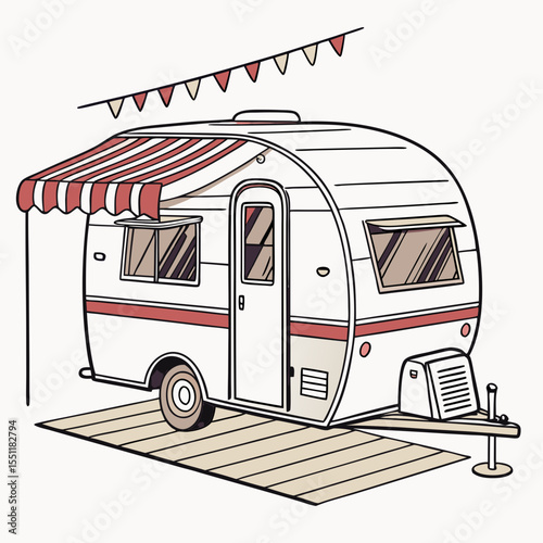 Stylized Vintage Camper Illustration with Festive Bunting and Awning Display