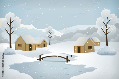Snowy village, cottages, field area, water lake and wood bridge snowy tree vector illustration cartoon background