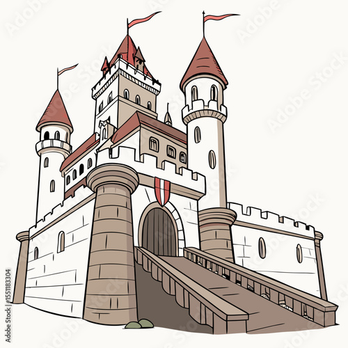 Illustrated medieval castle with ramparts, towers and waving pennants on bright sky