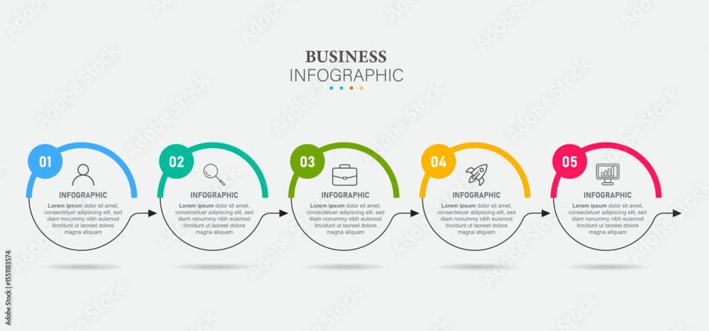 Line step infographic. 5 options workflow diagram, circle timeline number infograph, process steps chart. Linear vector infographics. Process order infographic arrow and steps point illustration