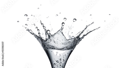 Fresh clear water splashing into a glass, creating refreshing blue bubbles and abstract wave patterns