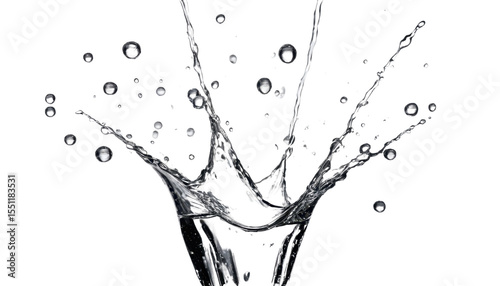 Fresh clear water splashing into a glass, creating refreshing blue bubbles and abstract wave patterns