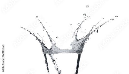 Fresh clear water splashing into a glass, creating refreshing blue bubbles and abstract wave patterns