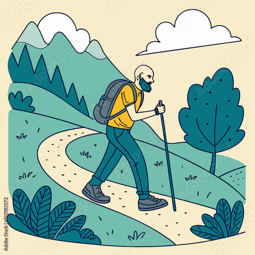 Doodle illustration of a bearded hiker trekking in hilly landscape with backpack