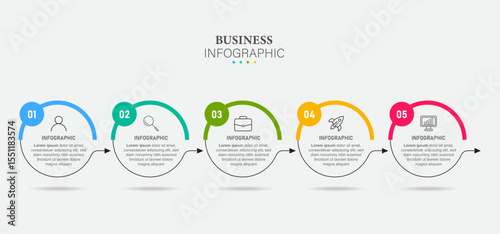 Line step infographic. 5 options workflow diagram, circle timeline number infograph, process steps chart. Linear vector infographics. Process order infographic arrow and steps point illustration