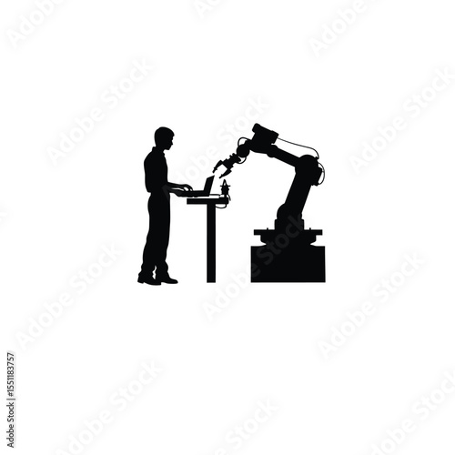 Silhouette of a person programming a robotic arm on white background