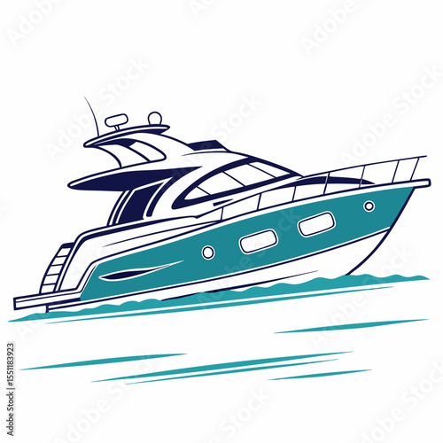 Elegant motor yacht on the waves, stylized for nautical themes and summer design