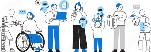 Concept: Illustrating how diverse people integrate AI into daily routines with trust and ease. A collection of cartoon character heads of People interacting with AI in everyday life situations. 