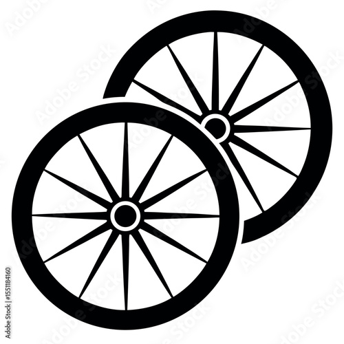 Two Black OldFashioned Wheels with Spokes Overlapping Each Other on a White Background