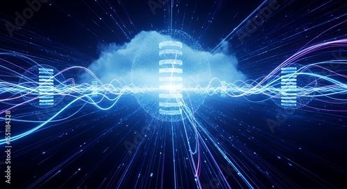 Futuristic Cloud Computing Data Flow: Abstract Digital Network Technology and Information Transfer Concept with Glowing Lines and Cloud Formation on Dark Blue Background