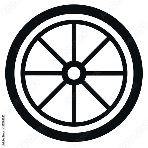 Black and White Illustration of a Wheel with Eight Spokes and Circular Rim