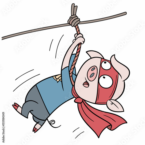 Humorous portrayal of a cartoon pig swinging precariously from a rope