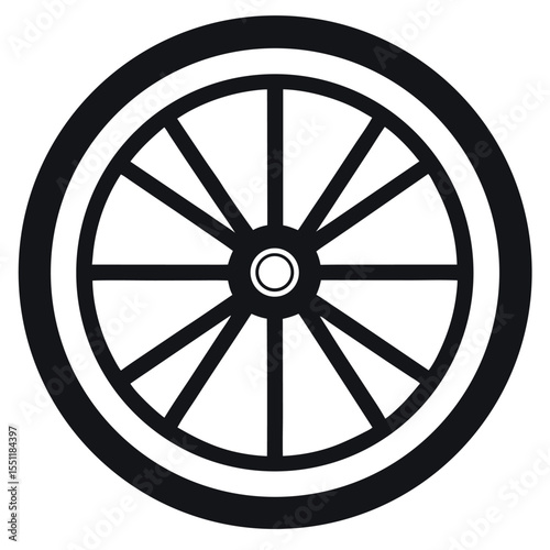 Black and White Illustration of a Wheel with Spokes and a Hub in Circular Design