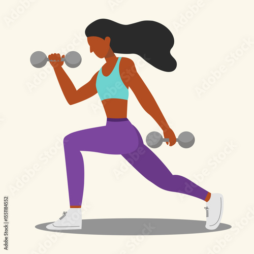 young woman exercising with dumbbells. Athlete Active lifestyle, fitness and sports. Character. Vector illustration design.
