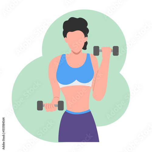 young woman lifting weights. Female with dumbbells. Training and workout in gym. Vector illustration flat design.