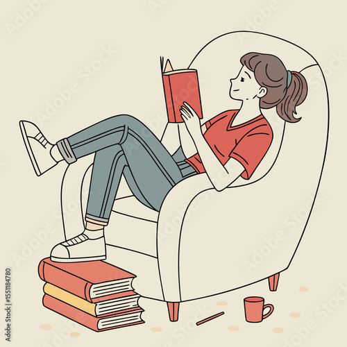 Cozy illustration of a girl reading in an armchair enjoying free time