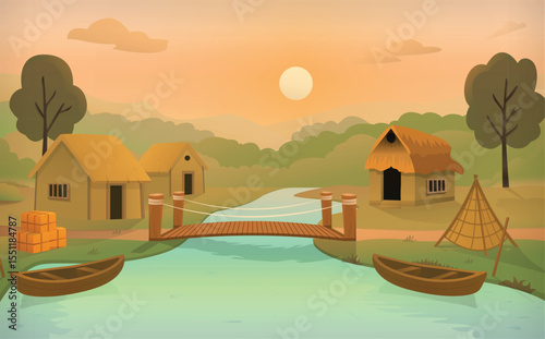 Sunset morning farmer village cottages, water lake, boats, fishing net and wood bridge vector illustration cartoon background