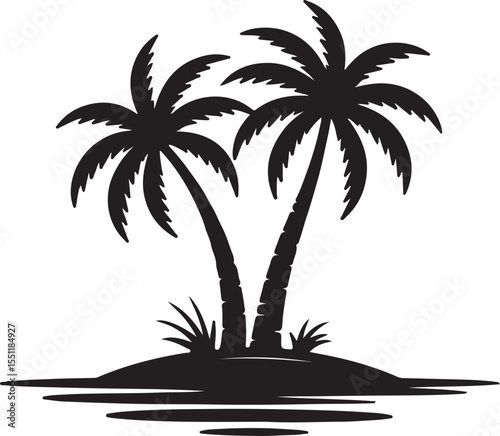 Silhouette of Two Palm Trees on a Tropical Island