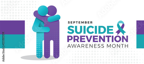 Suicide prevention awareness month - Teal and purple human stand hug and care and ribbon awarenss sign on dot texture background vector design
