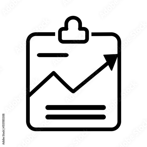 Black Line Art Depicting A Money Tracker Icon With A Rising Arrow On A Clipboard Graphic Style