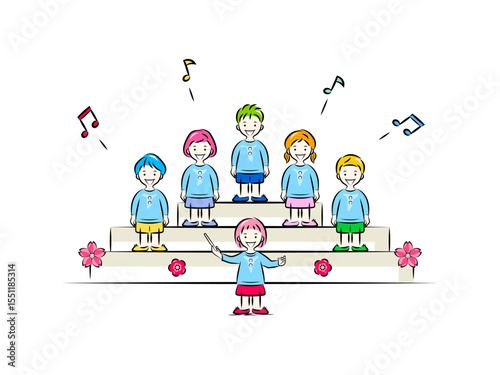 お歌の発表会(音楽会)で合唱する園児たち｜保育・幼稚園イラストシリーズ