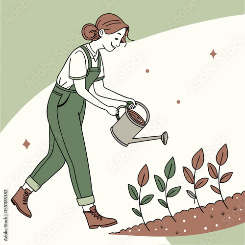 Illustration of a woman watering plants in her garden with a watering can