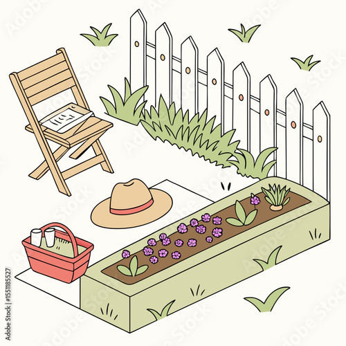 Peaceful Backyard Retreat Illustration: Relaxing Garden with Chair and Flowers