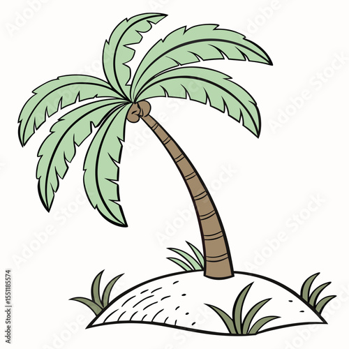 Cartoon illustration featuring an isolated palm tree on a sandy island