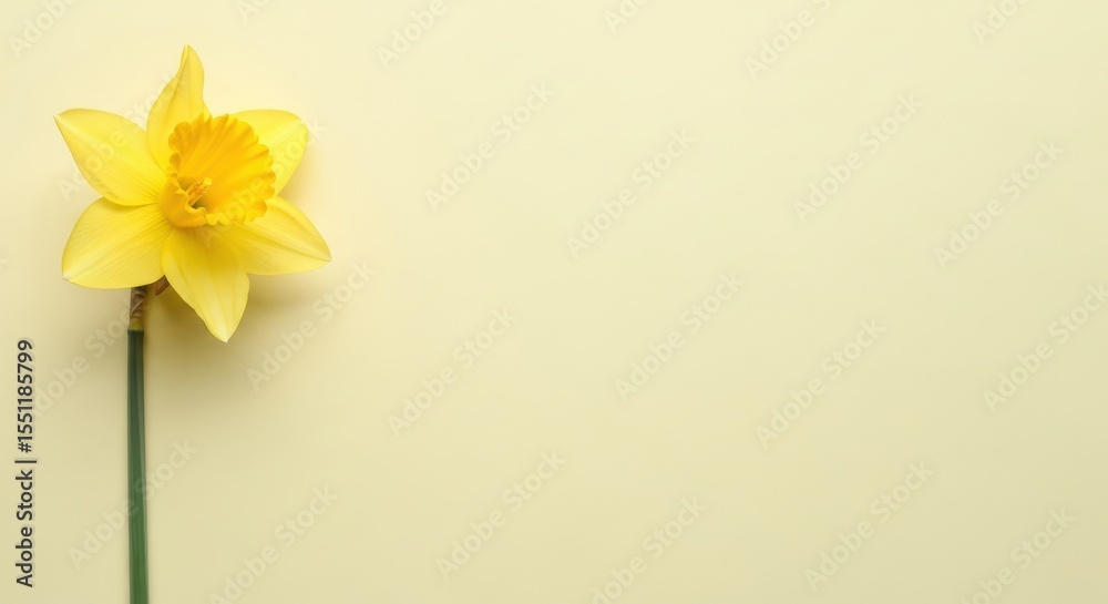 Obraz premium Single yellow daffodil flower on pale yellow background perfect for spring cards and Easter designs