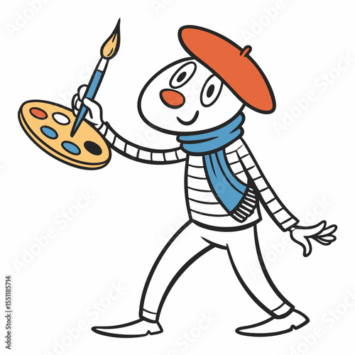 Whimsical artist caricature with palette and brush evoking creative flair