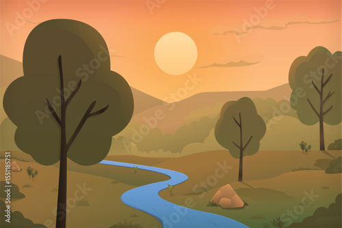 Sunset morning empty field area or farmer village, water lake, tree and greenery vector illustration cartoon background