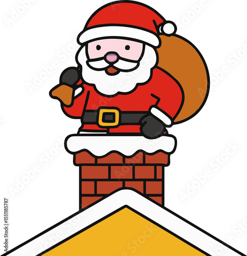 cute santa claus on chimney holding bell and gift bag for kids vector christmas illustration