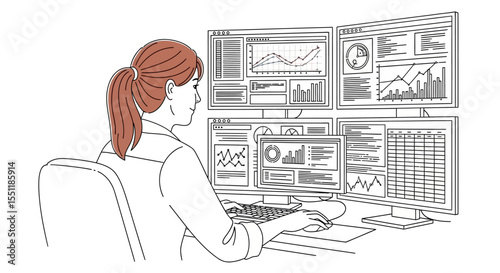 Data Analyst at Work with Multiple Monitors Showing Charts and Graphs
