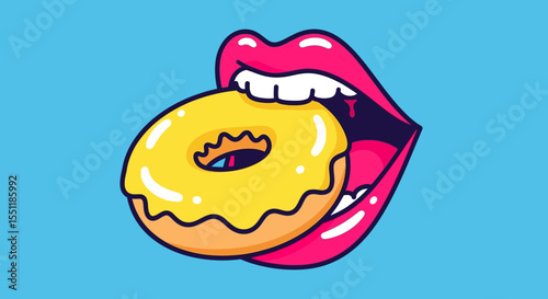 Pop Art Style Donut and Mouth Illustration – Sweet Snack Concept