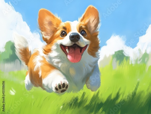 Happy Corgi Dog running on the Grass, illustration.