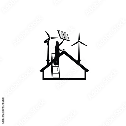 Silhouette of a person setting up renewable energy solutions at home. on white background