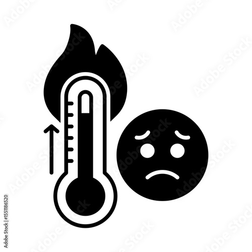 Heat Anxiety Glyph Icon. Temperature Rise Symbol. Sad Face and Thermometer. Global Warming Solid Silhouette.