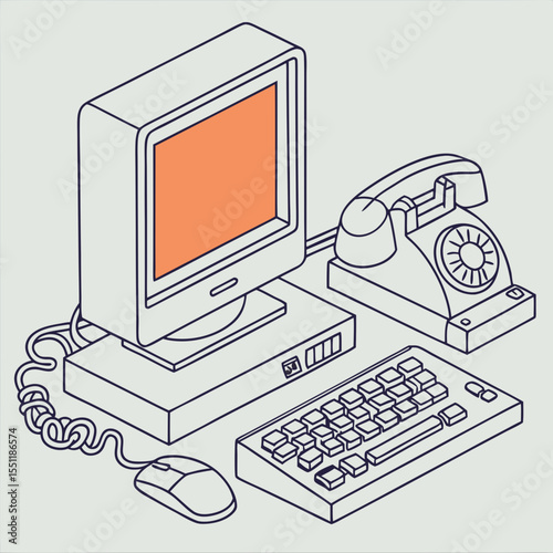 Isometric Illustration: Retro Computer Setup with Landline Phone on a Desk