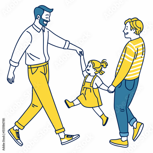 Joyful family outing: Two fathers swinging their child, creating cheerful memories