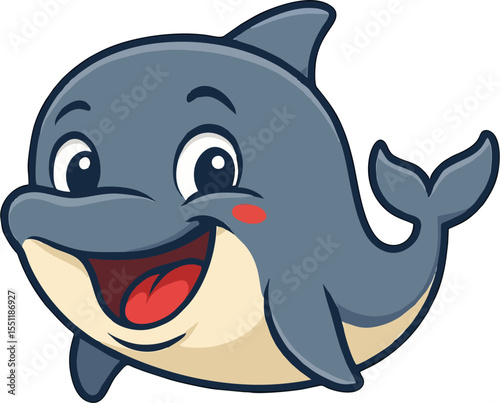cute cartoon dolphin character smiling with blue body for kids vector sea animal illustration