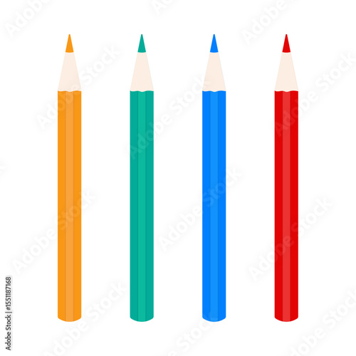 Set of multicolored pencils isolated on white and transparent background. Vector illustration. Red, green, blue and yellow pencil for drawing. Close-up element for decoration of study design.