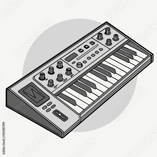 Minimalist monochrome illustration of electronic keyboard synthesizer equipment