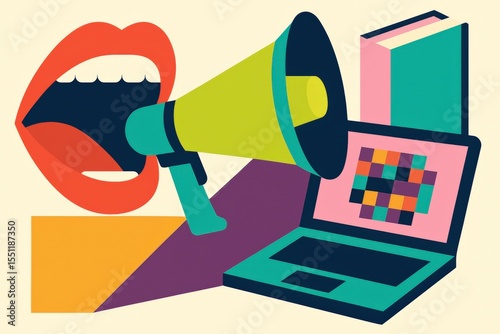 Digital communication concept with laptop, megaphone, book, and open mouth in colorful illustration