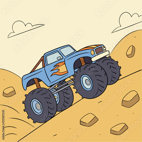 Cartoon illustration of a blue monster truck climbing a sandy incline scene
