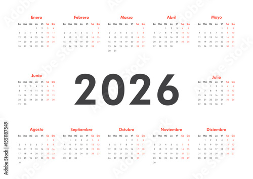 2026 calendar modern classic on Spanish language. Week starts on Monday. Desk or wall A4 horizontal calendar in minimalist style