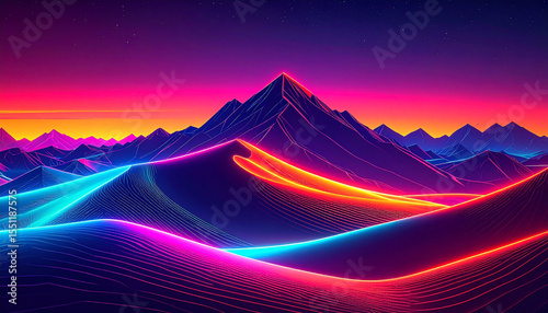 Vibrant neon lines trace a surreal desert landscape at sunset, with sharp, geometric mountains and glowing, undulating dunes under a starry sky