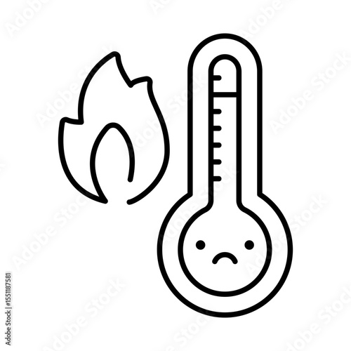 Thermometer Icon. Heat Overload Outline. Sad Face Temperature Symbol. Climate Warming Crisis Line Style.