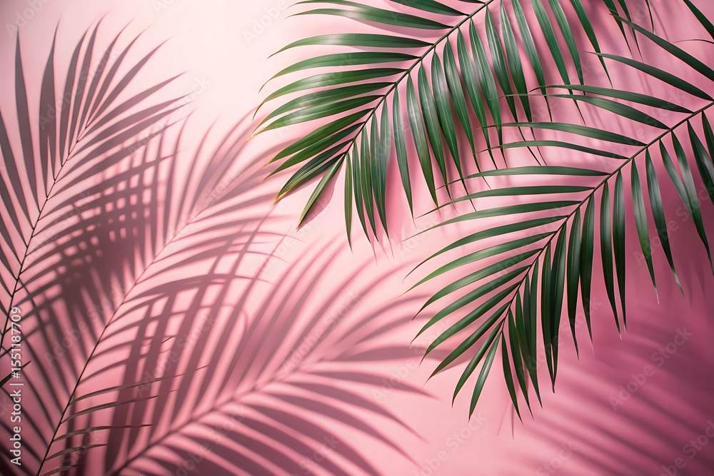 Fototapeta premium Pink background with two palm leaves on it