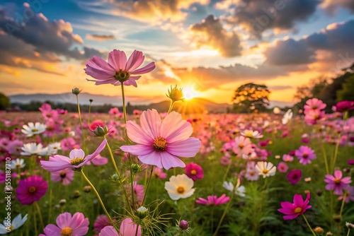 Field of flowers with a pink sun in the sky